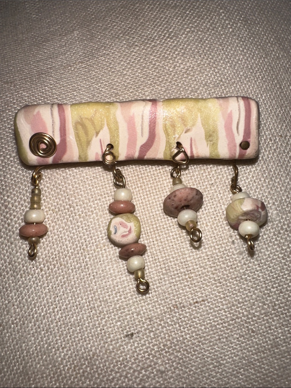 Handmade Polymer Clay Pink, Cream & Chartreuse Beaded Dangle Brooch